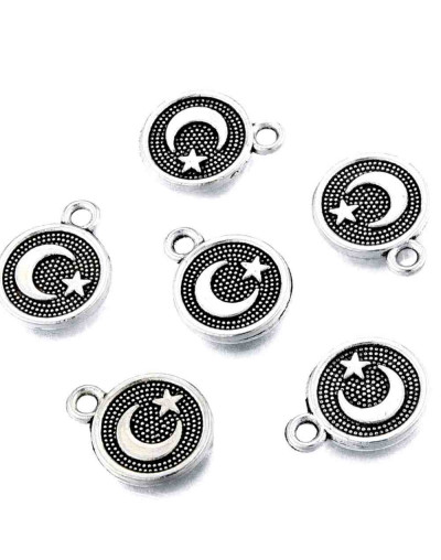 Luna+Estrella. Aleación de cobre. Color plata antigua. 13x10x1,5 mm. 1,6 mm perforación. 10 unidades