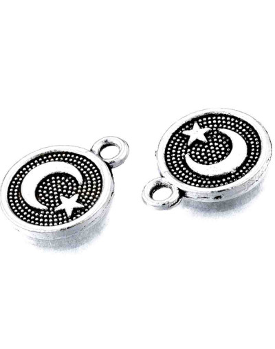 Luna+Estrella. Aleación de cobre. Color plata antigua. 13x10x1,5 mm. 1,6 mm perforación. 10 unidades