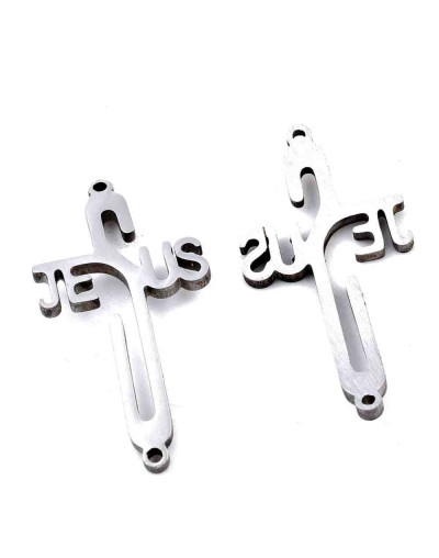 Cruz-Jesús. Acero inoxidable. Color plateado. 30x15x1,5 milímetros. 1,5 mm perforación. 1 unidad.