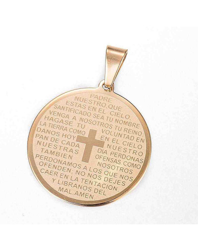 Oración: Padre Nuestro. Acero inoxidable. Color dorado. 33x30x1,5 mm. 5x9 mm cierre. 1 unidad.