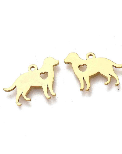 Perro+Corazón. Acero inoxidable. Color dorado. 13x18x1 mm. 1,5 mm perforación. 1 unidad.