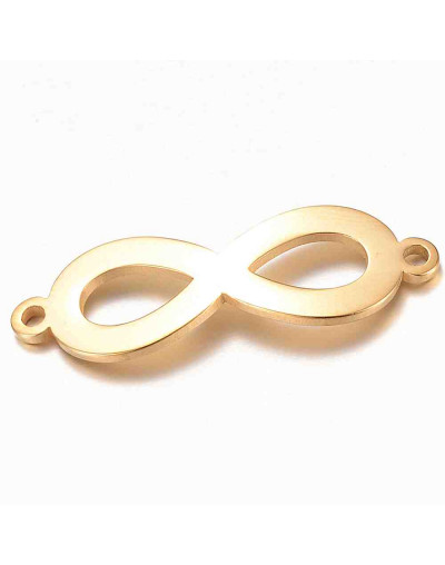 Infinito. Acero inoxidable. Color dorado. 28,5x9,5x1 milímetros. 1,5 mm perforación. 1 unidad.