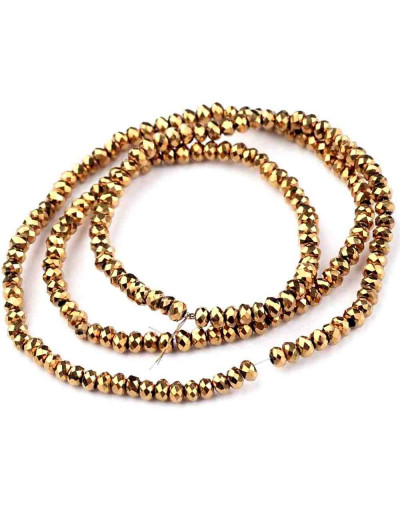 Rondelle faceteado. 3x2 mm. GOLDEN PLATED. 1 mm perforación. 150 uds hilo (aproximado).