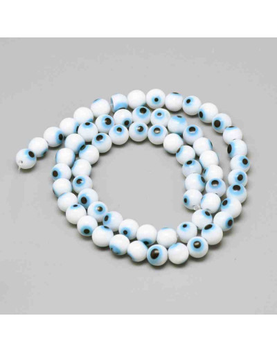Ojo turco. Esfera. Color blanco. 08 milímetros diámetro. 1,5 mm perforación. 45 uds hilo (aprox.)