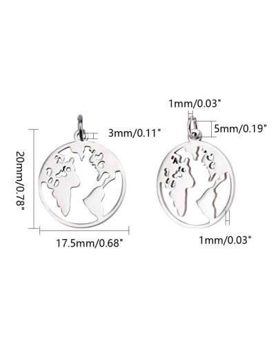 Mapa Mundi. Acero inoxidable. Color plateado. 20x17,5x1 mm. Con arandela 5 mm. 1 unidad