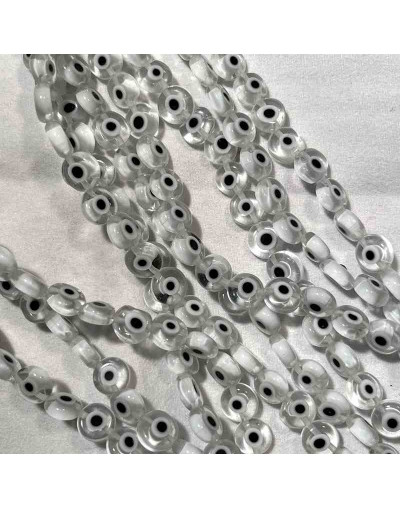 Ojo turco. Moneda. Color cristal. 6x4 milímetros. 1 mm perforación. 60 uds hilo (aproximado).