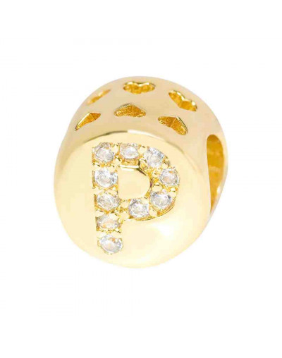 Letra "P". Moneda. Aleación+Zirconia. 7,3 milímetros diámetro. 3,2 mm perforación. 1 unidad.