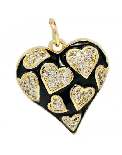 Corazón (7). Aleación+Zirconia+Esmalte. Baño 18KGold. Color negro. 16x17 mm. 5 mm arandela. 1 ud.