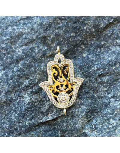 Mano de fátima. Aleación+Zirconia. Baño 18KGold. 20x17 milímetros. 2 mm perforación. 1 unidad.