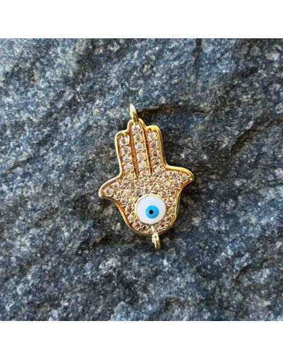 Mano de fátima+Ojo turco. Aleación+Zirconia. Baño 18KGold. 17x14 milímetros. 2 mm perforación. 1 ud.