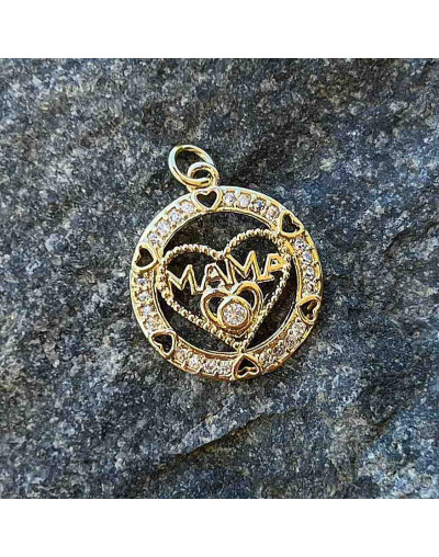 Corazón+Mamá. Aleación+Zirconia. Baño 18KGold. 18 mm diámetro. 5 mm arandela. 1 unidad.
