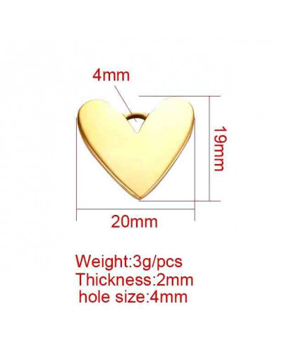 Corazón. Acero inoxidable. Color dorado. 29x19x2 milímetros. 4 mm perforación. 1 unidad.
