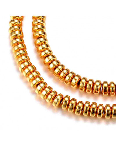 Hematite sintético. Rondelle. Dorado. 6x3 milímetros. 1 mm perforación. 125 uds hilo aprox.