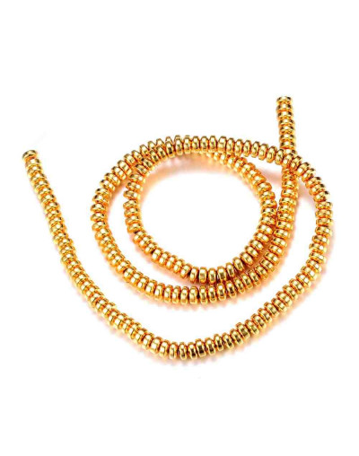 Hematite sintético. Rondelle. Dorado. 6x3 milímetros. 1 mm perforación. 125 uds hilo aprox.