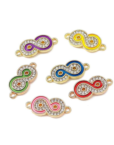 Infinito. Aleación de cobre+esmalte+rhinestone. 11x24x2,5 mm. 1,6 mm perforación. 2 unidades.