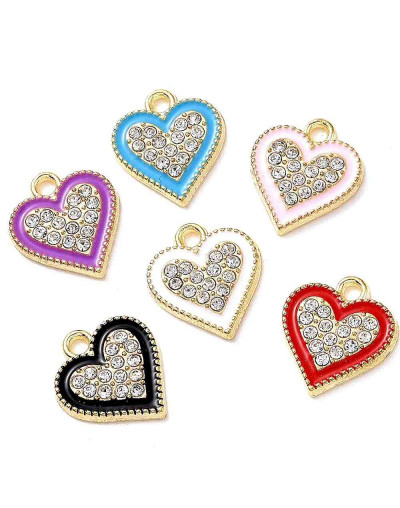 Corazones. Aleación+Rhinestone+Esmalte. Mix Color Dorado. 15x13x2 mm. 1,8 mm perforación. 4 uds.