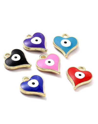 Corazón+Ojo Turco. Aleación y esmalte. Mix Color Dorado. 14x12x2,5 mm. 1,6 mm perforación. 4 uds.