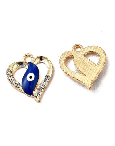 Corazón+Ojo Turco. Aleación+Rhinestone. Color dorado. 18x15,5x2,5 mm. 1,6 mm perforación. 4 uds.