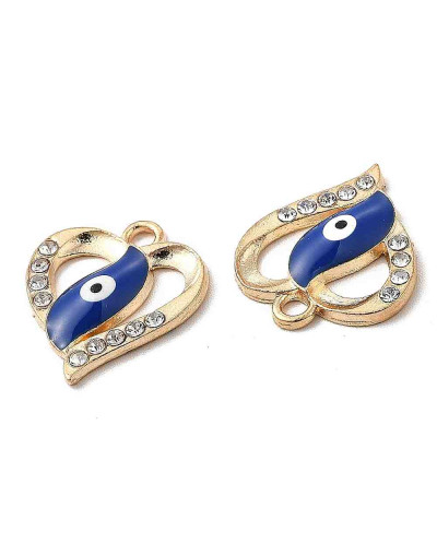 Corazón+Ojo Turco. Aleación+Rhinestone. Color dorado. 18x15,5x2,5 mm. 1,6 mm perforación. 4 uds.