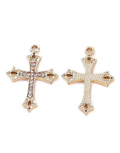 Cruz. Aleación+Rhinestone. Color dorado light. 29x20x2 milímetros. 2 mm perforación. 2 unidades.