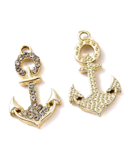 Ancla. Aleación+Rhinestone. Color dorado light. 23x13x2 milímetros. 1,8 mm perforación. 2 unidades.