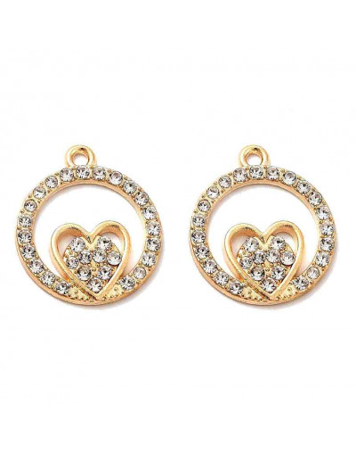 Corazón+círculo. Aleación+Rhinestone. Color dorado. 21x18x2 mm. 1,5 mm perforación. 2 unidades.