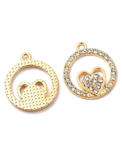 Corazón+círculo. Aleación+Rhinestone. Color dorado. 21x18x2 mm. 1,5 mm perforación. 2 unidades.