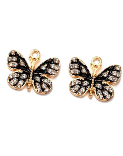 Mariposa (2). Aleación+Rhinestone. Color dorado. 16x19x2 mm. 1,5 mm perforación. 2 unidades.