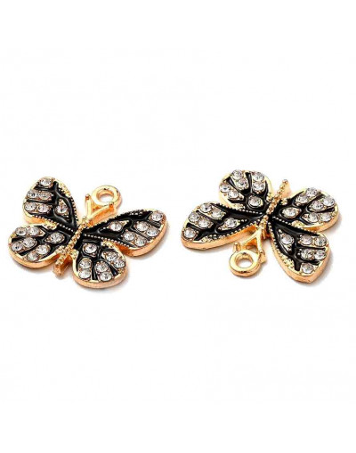 Mariposa (2). Aleación+Rhinestone. Color dorado. 16x19x2 mm. 1,5 mm perforación. 2 unidades.