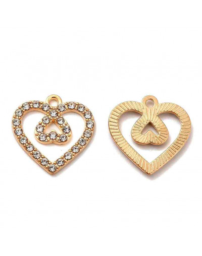 Corazones (1). Aleación+Rhinestone. Color dorado. 19x19x18 mm. 1,6 mm perforación. 2 unidades.