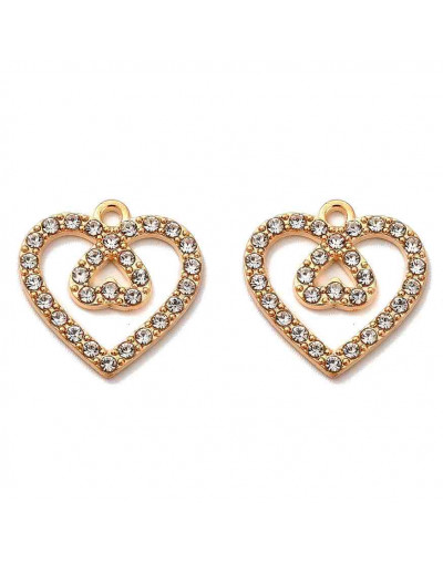 Corazones (1). Aleación+Rhinestone. Color dorado. 19x19x18 mm. 1,6 mm perforación. 2 unidades.