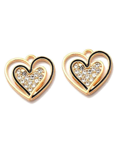 Corazones (2). Aleación+Rhinestone. Color dorado. 19x19x18 mm. 1,6 mm perforación. 2 unidades.