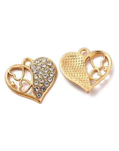 Corazones (3). Aleación+Rhinestone. Color dorado. 18x17x3 mm. 1,8 mm perforación. 2 unidades.
