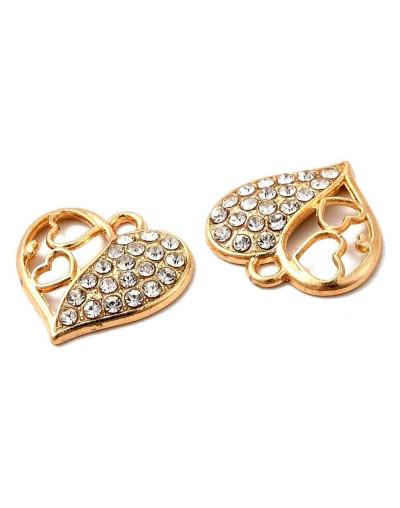 Corazones (3). Aleación+Rhinestone. Color dorado. 18x17x3 mm. 1,8 mm perforación. 2 unidades.