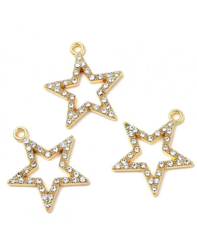Estrella. Aleación+Rhinestone. Color dorado. 23x21x2 mm. 1,5 mm perforación. 2 unidades.