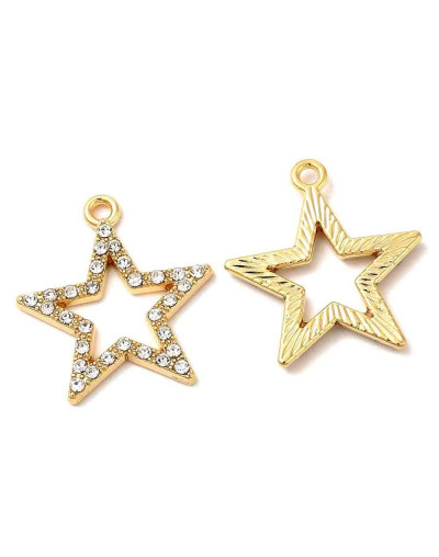 Estrella. Aleación+Rhinestone. Color dorado. 23x21x2 mm. 1,5 mm perforación. 2 unidades.