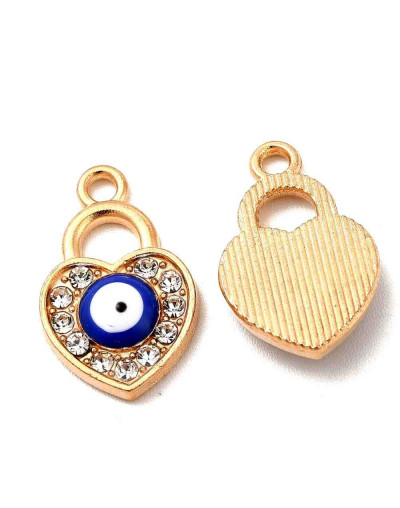 Corazón+Ojo turco. Aleación+Rhinestone. Color dorado. 18x12x3 mm. 1,5 mm perforación. 2 unidades.