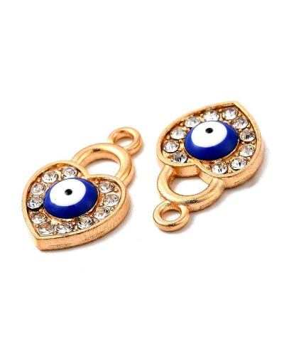 Corazón+Ojo turco. Aleación+Rhinestone. Color dorado. 18x12x3 mm. 1,5 mm perforación. 2 unidades.