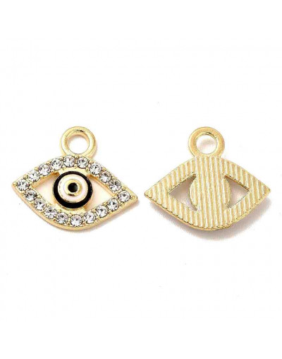 Ojo Turco. Aleación+Rhinestone. Color dorado. 14x16x2 milímetros. 2,5 mm perforación. 2 unidades.