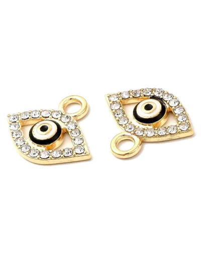 Ojo Turco. Aleación+Rhinestone. Color dorado. 14x16x2 milímetros. 2,5 mm perforación. 2 unidades.