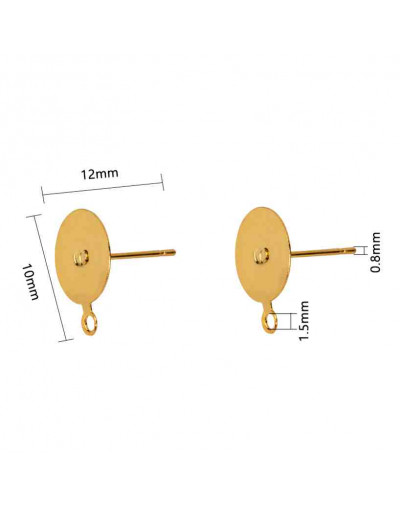 Pin aretes. Acero dorado. Pin 0,8 mm. Base 10x0,4 mm. 1,5 mm perforación. Cierre silicón. 10 uds.