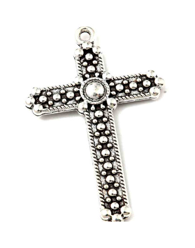 Cruz. Aleación de cobre. Color plateado. 39x25x3 mm. 1,6 mm perforación. 2 unidades.