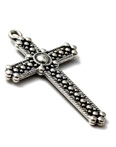 Cruz. Aleación de cobre. Color plateado. 39x25x3 mm. 1,6 mm perforación. 2 unidades.
