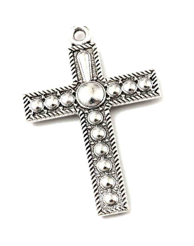 Cruz. Aleación de cobre. Color plateado. 34x22x3 mm. 1,6 mm perforación. 2 unidades.