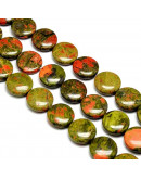 Unakite. Moneda. 20 milímetros diámetro. 7 mm grosor. 1 mm perforación. 1 unidad. Unakite. Moneda. 20 milímetros diámetro. 7 mm grosor. 1 mm perforación. 1 unidad.