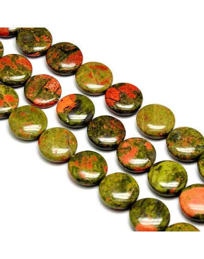 Unakite. Moneda. 20 milímetros diámetro. 7 mm grosor. 1 mm perforación. 1 unidad.