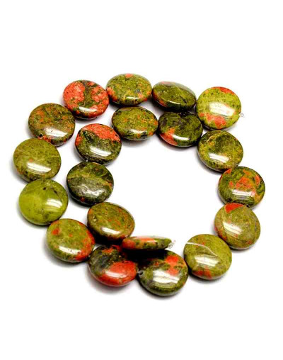 Unakite. Moneda. 20 milímetros diámetro. 7 mm grosor. 1 mm perforación. 1 unidad.