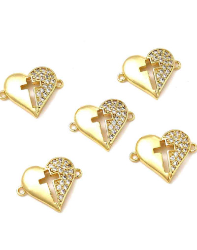 Cruz+Corazón. Aleación+Zirconia. Baño 18K Gold. 20x15,5x3 mm. 1,5 mm perforación. 1 unidad.