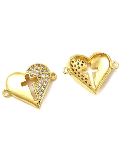 Cruz+Corazón. Aleación+Zirconia. Baño 18K Gold. 20x15,5x3 mm. 1,5 mm perforación. 1 unidad.