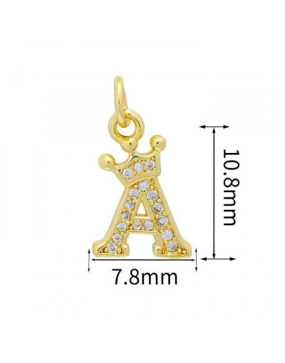 Letra "A"+Corona. Aleación+Zirconia. Baño 18K Gold. 11 milímetros. 5 mm arandela. 1 unidad.